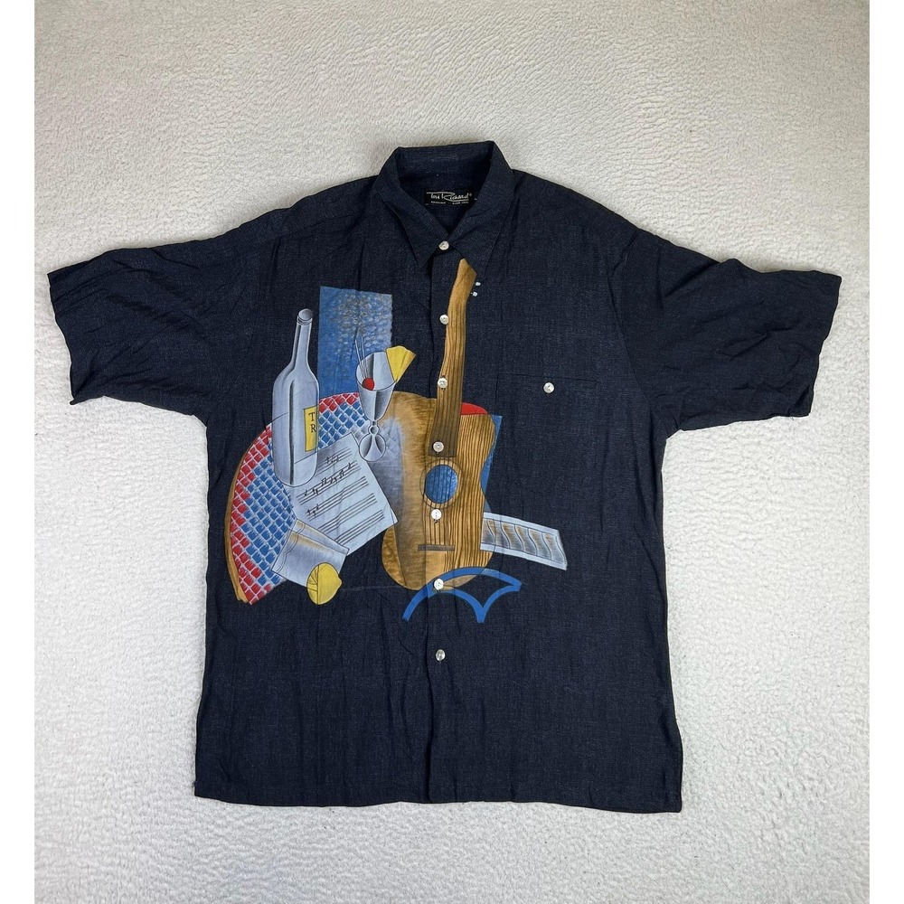 Tori Richard Mens Large Blue Guitar Wine Cocktail Print Hawaiian Shirt 0453-3196